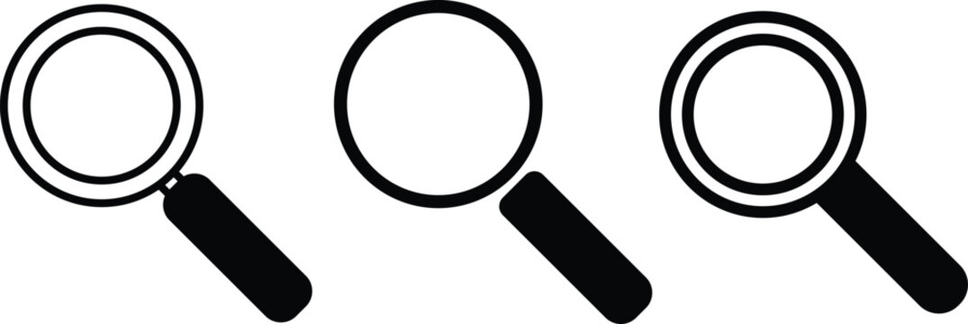 black magnifying glass icon set search zoom symbol minimalist vector design isolated on white background.