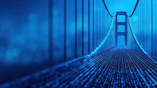 Digital illustration of a massive suspension bridge constructed from glowing blue data streams