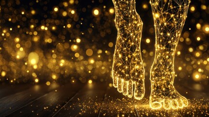 Golden Life Force Abstract glowing golden plexus feet standing over a dark wooden surface with bright bokeh Mind Body Alignment