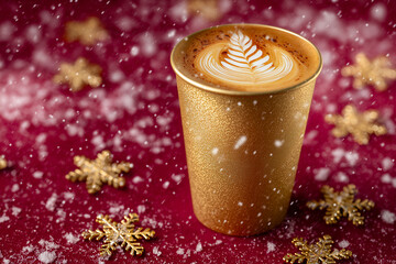 A festive latte with elegant foam art in a shimmering gold cup stands on a red background decorated with golden snowflakes and falling snow, creating a luxurious holiday winter atmosphere