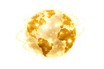 Golden glowing earth globe with shining continents representing global communication network and connectivity, transparent background