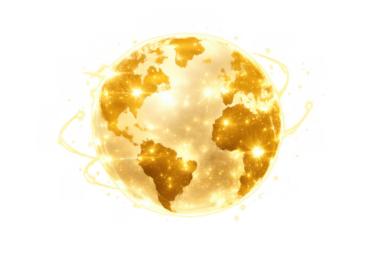 Golden glowing earth globe with shining continents representing global communication network and connectivity, transparent background - Powered by Adobe