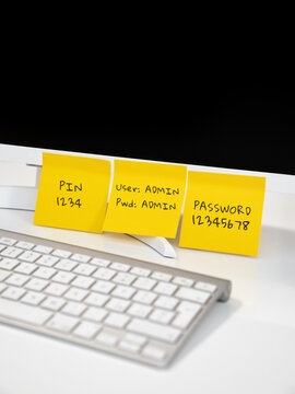A severe cybersecurity risk is shown by three sticky notes displaying weak default login credentials