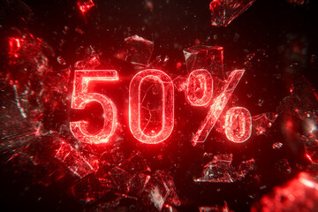 Glowing red 50 percent discount text made of shattered glass with flying fragments on dark background. Dramatic sale concept for promotion, special offer, clearance, marketing campaign