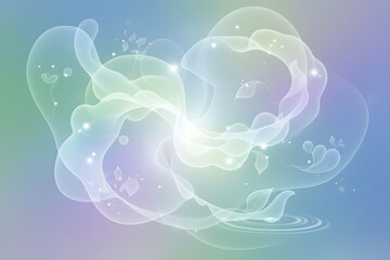 Ethereal abstract swirls with glowing effects and floating leaves on a soft pastel gradient background, symbolizing harmony and serenity