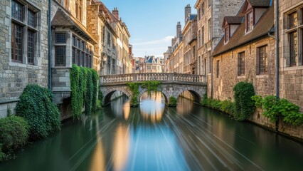 Historic stone bridge over calm canal in old town