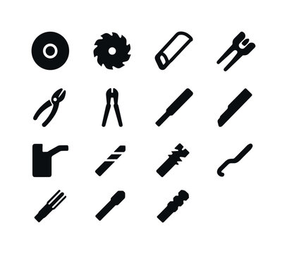 Metal Cutting Tools. Metal cutting tools. Solid icon set of Metal cutting tools: angle grinder disc, metal saw blade, hacksaw, snips, bolt cutter, metal file,