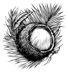Obraz premium Hand drawn line art illustration of coconut with palm leaves depicting a tropical fruit for healthy food and drink designs