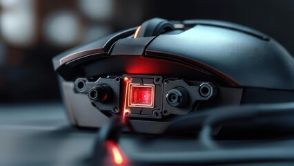 Close-up of a high-performance gaming mouse with its internal components and red light visible.