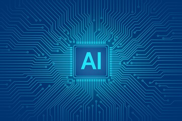AI Microchip with Radiating Circuit Lines on Futuristic Blue Gradient Background