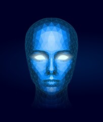 Futuristic Low-Poly Digital Face with Glowing Eyes on Dark Tech Background