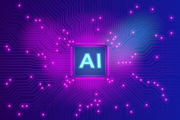 AI Microchip with Glowing Purple Circuitry on Futuristic Dark Gradient Background