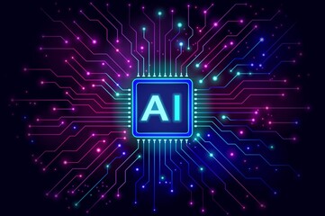 AI Microchip with Neon Circuit Lines in Cyan, Pink, and Purple on Futuristic Dark Background