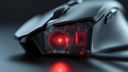 Close-up of a high-tech gaming computer mouse with a glowing red optical sensor.