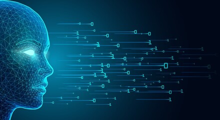 Glowing Blue Wireframe Face Analyzing Binary Data Stream on Futuristic Digital Background