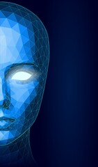 Futuristic Polygonal AI Face with Glowing Eyes and Digital Mesh on Dark Gradient Background