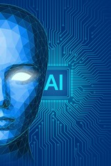 Polygonal AI Face with Glowing Eyes and Circuit Board Background in Futuristic Blue Mesh Style