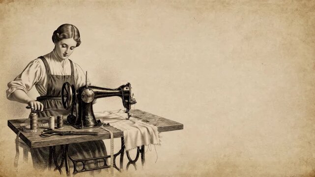 Woman operating a vintage sewing machine and a baker plating pastries, showcasing different professions and retro styles.