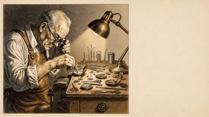 Watchmaker meticulously repairing a timepiece under a desk lamp, transitioning to a baker at a brick oven for a retro labor concept