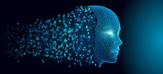 Digital AI Face Emerging from Triangular Fragments with Glowing Wireframe Mesh on Dark Background