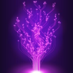 Glowing Pink Purple Data Tree of Interconnected Lines and Nodes on Dark Gradient Background