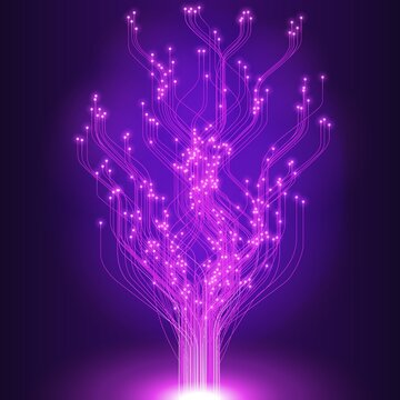 Glowing Pink Purple Data Tree of Interconnected Lines and Nodes on Dark Gradient Background