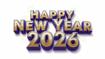 Bold purple and gold 3D 2026 New Year text, isolated subject