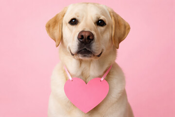 Adorable labrador with pink heart collar on soft pink background