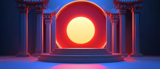 Elegant oriental architecture with glowing moon and vibrant colors, showcasing cultural richness