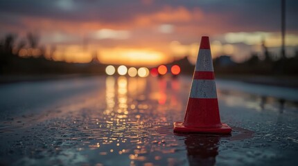 A weathered orange and white traffic cone stands prominently on a wet, reflective surface, likely a road or urban pavement, during a beautiful twilight hour. The vibrant sunset sky, painted with atmos