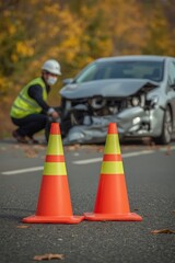 Two vibrant orange traffic cones with reflective stripes stand sharply in the foreground on an asphalt road, signaling caution and delineating an area of concern. In the soft-focus background, a sever