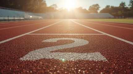An inspiring low-angle shot captures an empty outdoor running track, with the prominent white number two marking the starting position in the foreground. The warm, golden light of the rising or settin