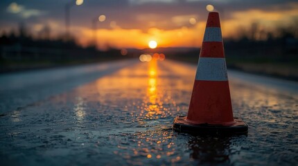 An orange and white traffic cone stands prominently on a wet, reflective road surface, bathed in the dramatic hues of a sunrise or sunset. The sky glows with vibrant oranges and yellows, with soft, ou