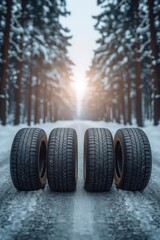 Four robust vehicle tires are prominently displayed on a glistening, icy road, cutting through a serene, snow-covered forest landscape. The deep treads are clearly visible, emphasizing grip and perfor
