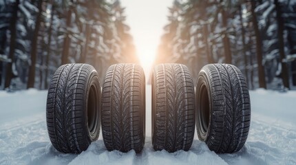 Four robust vehicle tires with distinct tread patterns are prominently displayed on a pristine, snow-covered surface, suggesting readiness for cold weather conditions. The composition features a natur