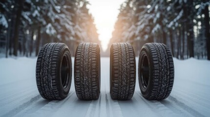 Four robust winter tires stand ready on a snow-covered, icy road, with a serene forest of snow-dusted trees in the blurred background. The soft sunlight pierces through the distant trees, casting a wa