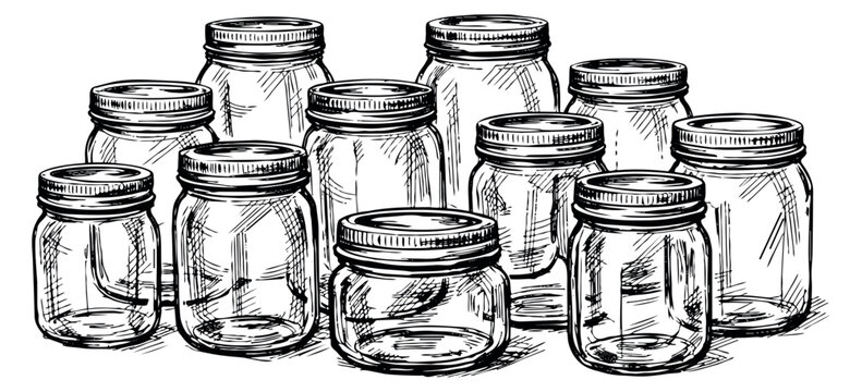 Hand drawn line art mason jar set featuring empty glass containers with screw lids for food preservation and kitchen storage