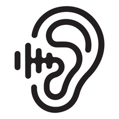Clean vector illustration of human ear icon with curved radio waves indicating sound reception on plain light grey background design
