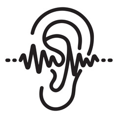 Minimalist black icon depicting ear with dynamic sound wave passing through indicating process of active listening auditory perception and signal detection