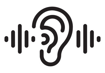 Stylized black vector illustration of human ear merged with flowing organic sound wave representing deep immersive auditory experience and sound integration abstract concept