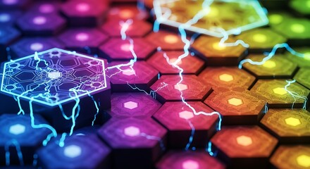 3D Colorful Hexagon Grid with Electric Blue Lightning Abstract Art