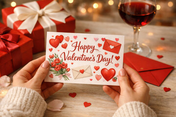 Romantic valentine's day card with hearts and roses on a cozy table setting with gifts and wine