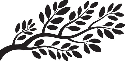 Black branch silhouette with detailed leaves illustration isolated on white background for nature pattern and floral design project