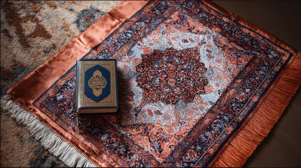 Ornate prayer rug with a holy book.