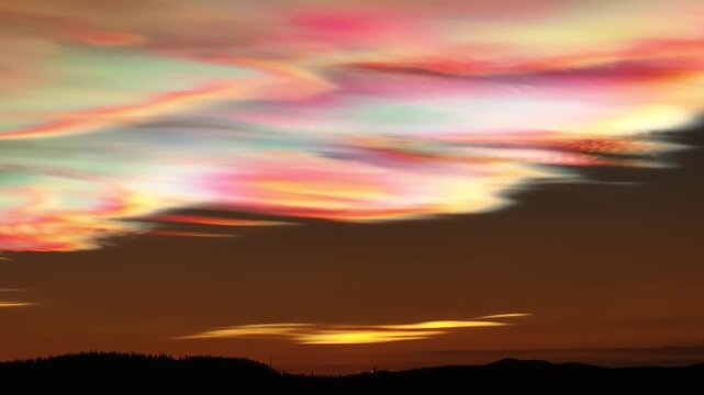 Aerial view of colorful nacreous clouds stretch across the sky, contrasting with the dark silhouettes of trees, creating a surreal and ethereal landscape, Lapland, Finland.