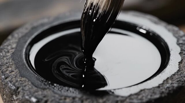 A calligraphy brush is dipped into black ink in a stone inkstone. Preparing for traditional Chinese or Japanese writing. Asian art and culture concept