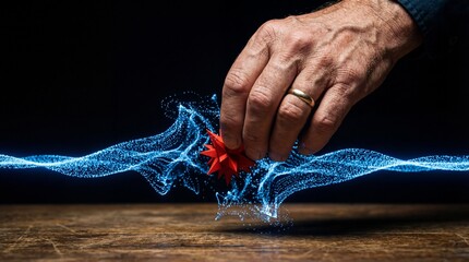 Senior hand picking red polygon from blue digital light stream