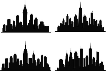 Naklejka premium City skyline silhouette set with iconic skyscrapers and urban landmarks, black vector cityscape illustration isolated on white for travel, business branding, posters, websites, apps