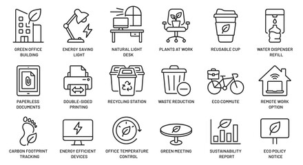 Modern line icon collection for green office, including water dispenser refills, carbon footprint tracking, energy‑efficient devices, waste reduction and sustainable workplace practices