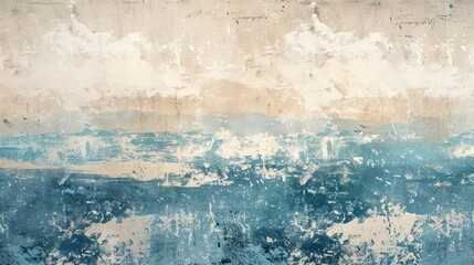 Obraz premium A faded and distressed screen print featuring a gradient of cool ocean blues and sandy beige tones